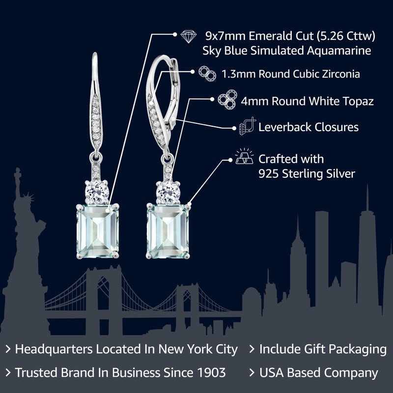 Gem Stone King Drop Dangle Gemstone Birthstone and White Topaz Earrings for Women | 925 Sterling Silver | Emerald Cut 9X7MM | Fine Jewelry Gifts for Her Mom Anniversary Wedding - Image 2